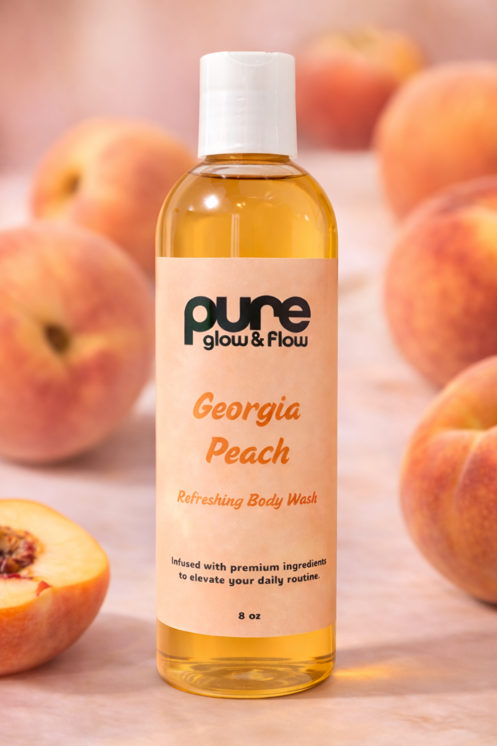 Body wash bottle labeled 'Georgia Peach' by 'pure glow & flow' with peaches in the background.