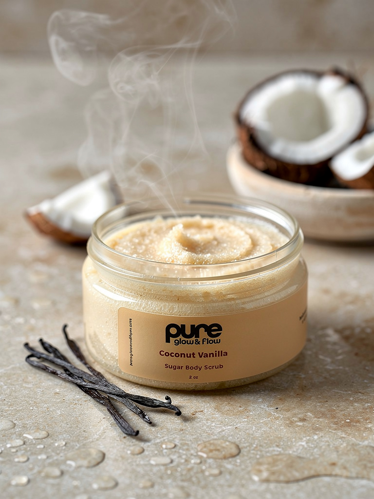 Pure Glow and Flow's Jar of coconut vanilla sugar body scrub with coconuts and vanilla beans on a stone surface