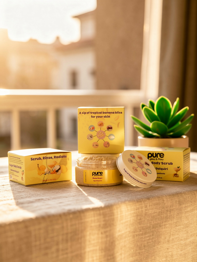 Sugar body scrub in Banana Daiquiri scent with 'pure' branding on a wooden surface outdoors.