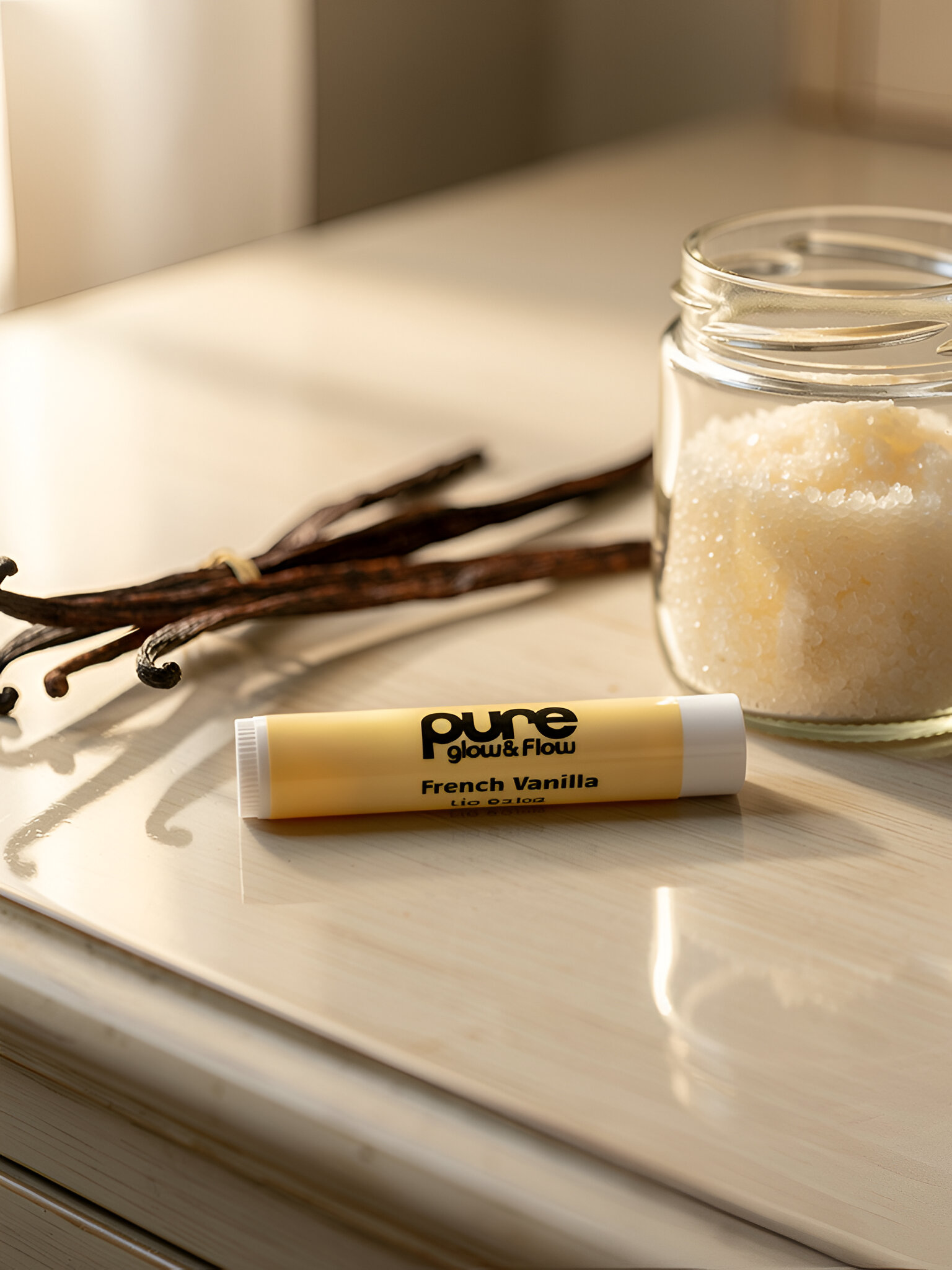 Lip balm labeled 'pure glow&flow French Vanilla' on a surface with vanilla beans and a jar of sugar.