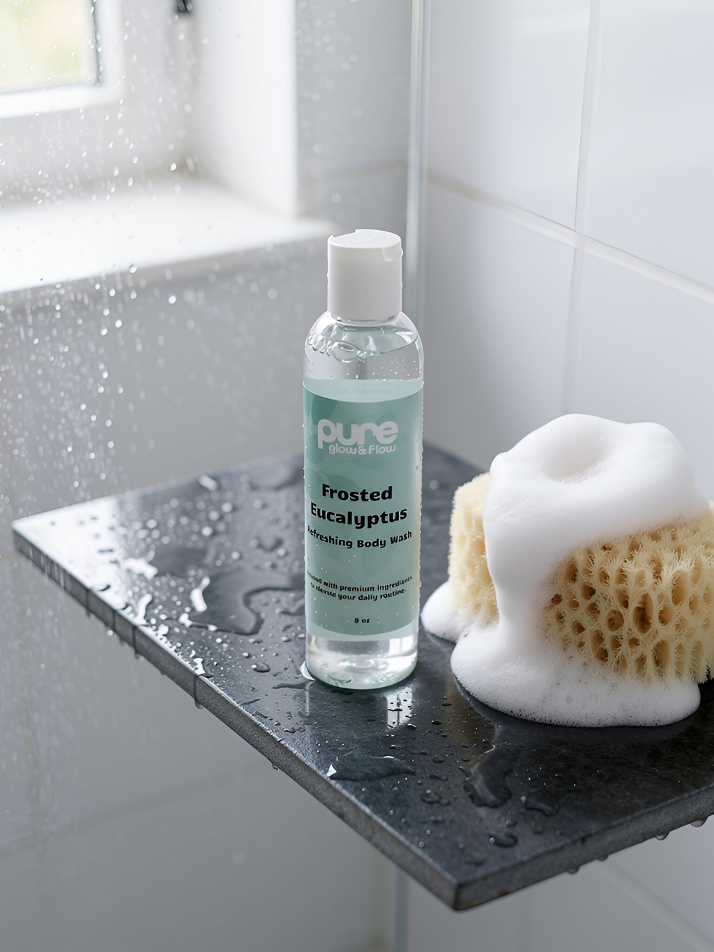 Bottle of 'pure glow and flow' Frosted Eucalyptus body wash on a wet surface with a sponge and soap.