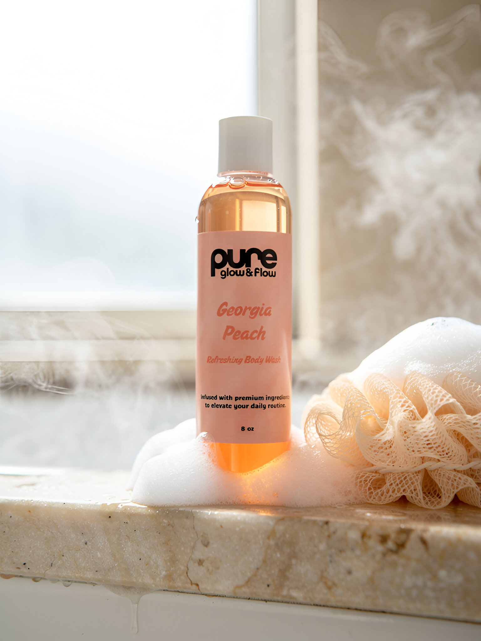 Bottle of 'pure glow & flow Georgia Peach' body wash with a loofah on a marble surface.