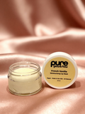 French Vanilla moisturizing lip mask with 'pure glow & flow' branding on a pink satin background