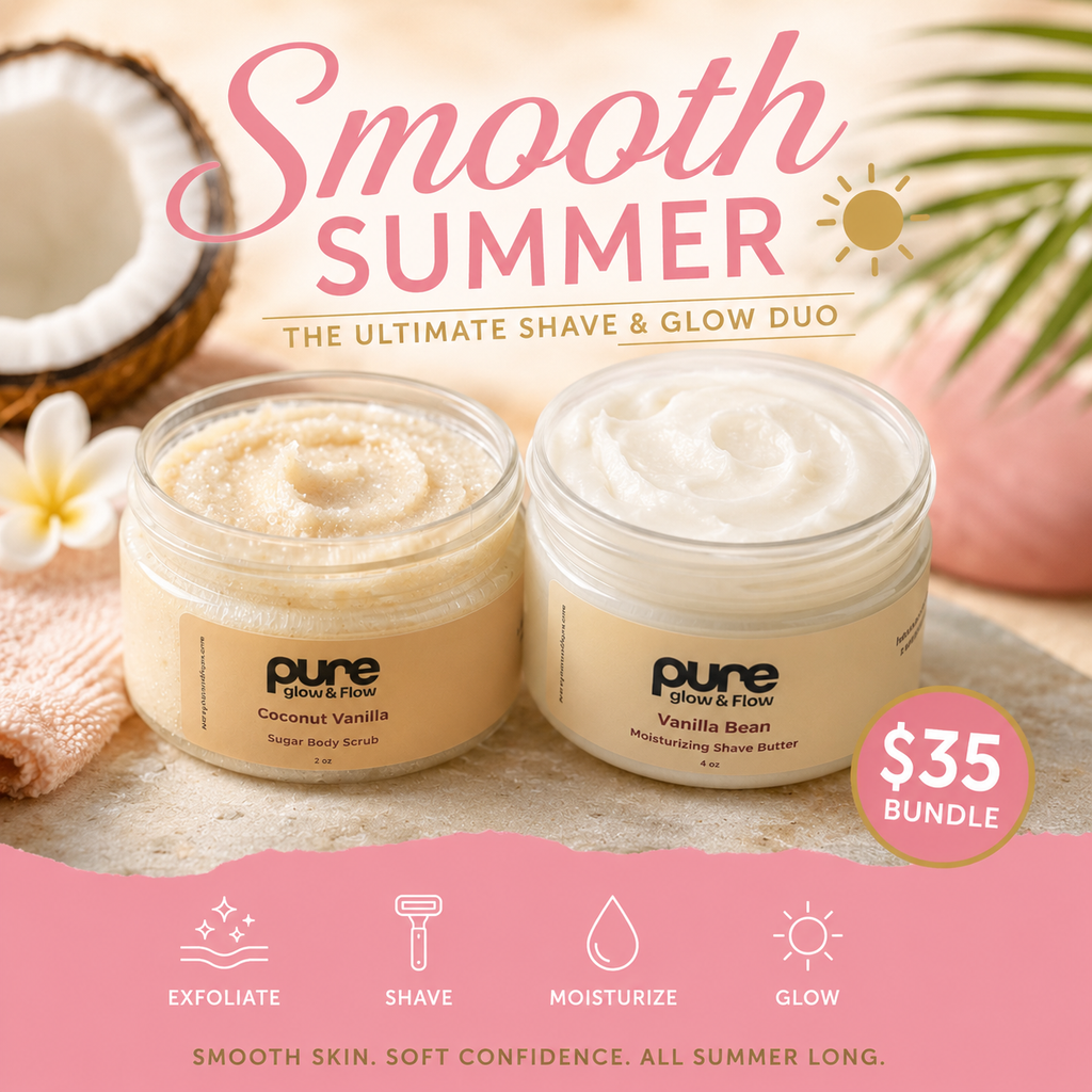 'pure glow & flow' shave butter and sugar body scrub in their containers on a pink background.