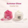 Pure Glow and Flow's  lip care products, a pink scrub and a white mask, with 'Summer Glow Starter Kit' text on a light background.