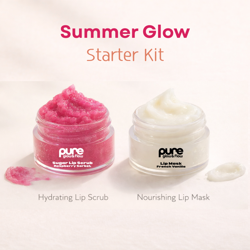 Pure Glow and Flow's  lip care products, a pink scrub and a white mask, with 'Summer Glow Starter Kit' text on a light background.