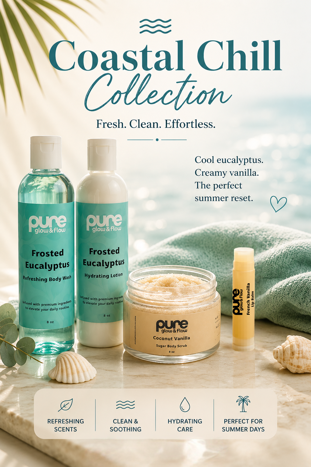 Pure Glow and Flow's Coastal Chill Collection with body wash, lotion, and lip balm on a beach setting