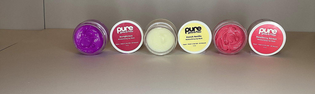Set of six containers with 'pure' glow and flow branding on a neutral background Flavors: Berrylicious, French Vanilla, and Raspberry Sorbet.